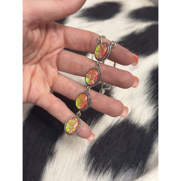 Native American Sterling Silver Pink Fire Opal 4 Stone Lariat Dangle Necklace - Picture 4 of 9